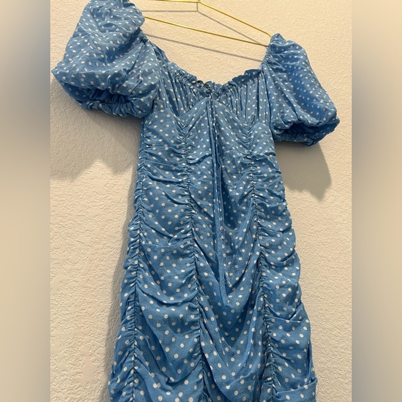 ZARA Blue White Polka Dot ruched bodycon ruffle bubble sleeve mini Dress - Picture 2 of 5